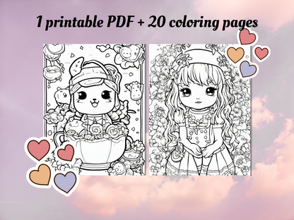 Kids & Toddlers: Printable Kawaii Characters Coloring Book with 20 Pages