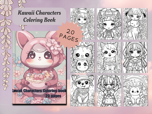 Kids & Toddlers: Printable Kawaii Characters Coloring Book with 20 Pages