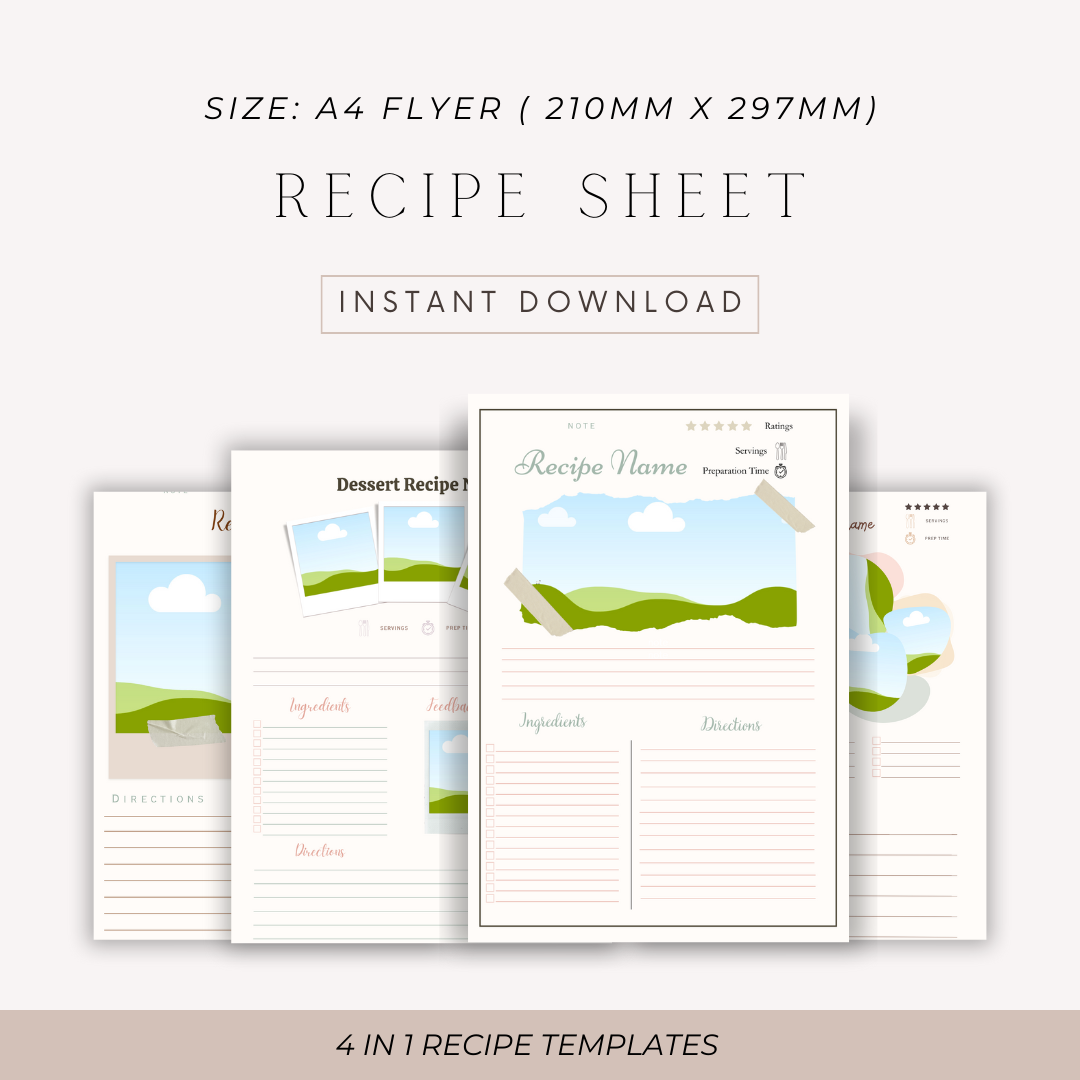Templates: 4 in 1 Recipe Sheets ( Printable and Editable )