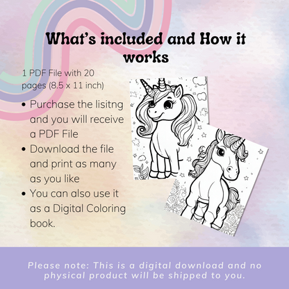 Kids & Toddlers: Printable Unicorn Coloring Book with 20 Pages